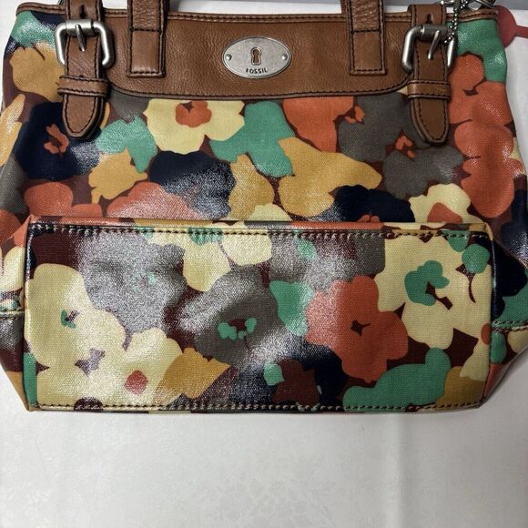 Fossil Key Per Coated Canvas Purse Tote Hand Bag Retro 70s Floral Brown Leather - Picture 6 of 12